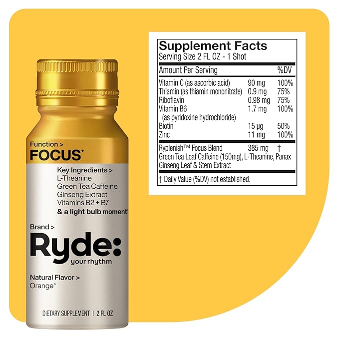 Ryde: Discovery Pack | Energize, Focus & Relax Shots | Green Tea Caffeine, Taurine, Ginseng, B Vitamins, L-Theanine, Lemon Balm, Chamomile | 0 Calories, 0 Sugar | Variety Pack – Try Them All (24 Pack)