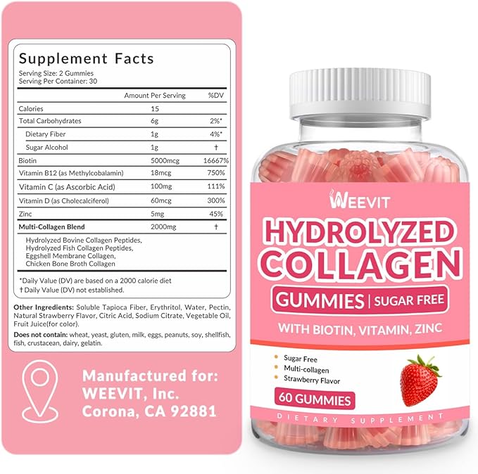 Sugar-Free Collagen Gummies for Women, Hydrolyzed Collagen Peptides Gummies with Biotin, Collagen Supplements Gummy with Vitamin B12, C, D, Zinc for Hair Skin Nail