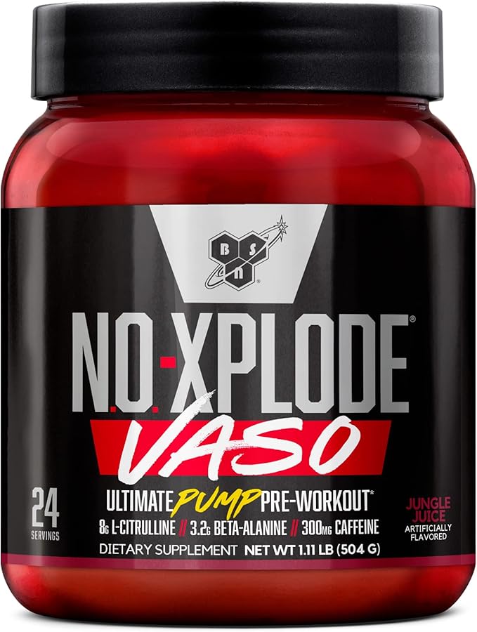 BSN N.O.-XPLODE Vaso Pre Workout Powder with 8g of L-Citrulline and 3.2g Beta-Alanine and Energy, Flavor: Jungle Juice, 24 Servings