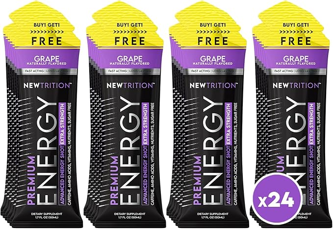 Extra Strength Energy Shots Packets, Caffeine Energy Shots with Vitamin B & Amino Acids, Sugar-Free Vitamin Energy Shot, 1.7 fl oz, Grape, 24 Count