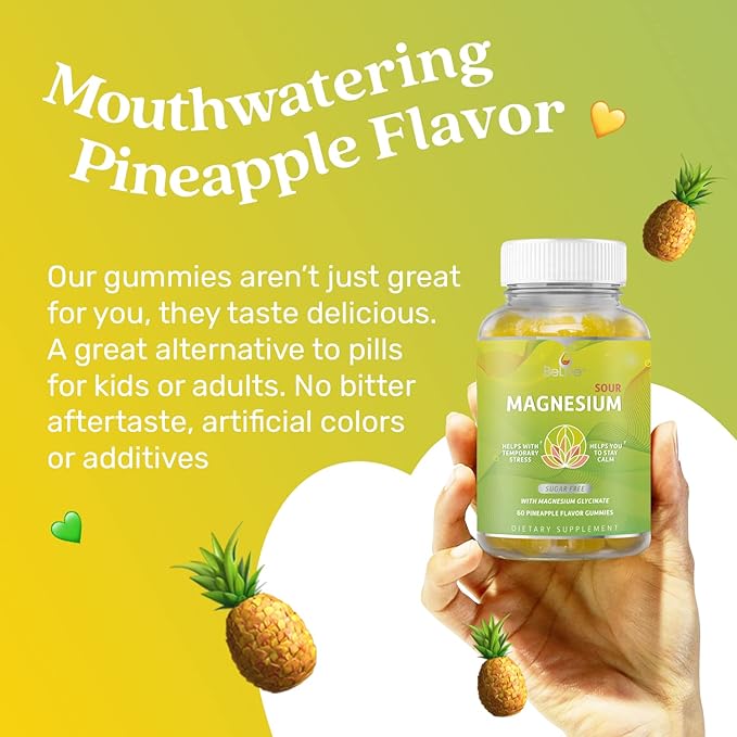 BeLive Magnesium Gummies 200mg - 60 Ct | Magnesium Glycinate Supplements for Relaxation, Stress Relief, and Sleep for Adults & Kids - Tasty and Tangy Pineapple Flavor (2)