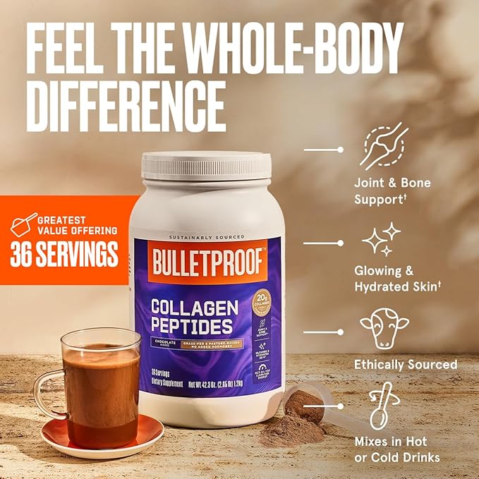 Bulletproof Chocolate Collagen Protein Powder with MCT Oil, 19g Protein, 42.3 Oz, Value Size, Collagen Peptides and Amino Acids for Healthy Skin, Bones and Joints