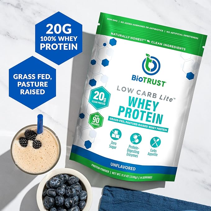 BioTrust Low Carb Lite, Low Calorie Protein Powder – Low Carb, Sugar Free, Low Sodium, Keto Protein Powder – 20g Grass-Fed Whey Protein Isolate with Digestive Enzymes – Unflavored, 14 Servings