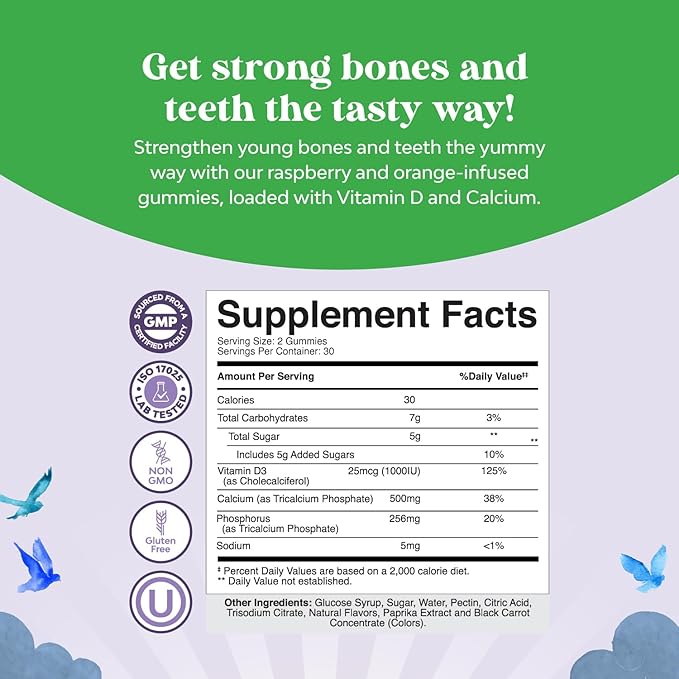 Tasty Kids Calcium Gummies - Vitamin D & Calcium Gummies for Children - Vitamin Gummies with Calcium & Vitamin D for Muscle Bone & Development - Gelatin-Free Kosher Childrens Gummies 60ct (2 Pack)