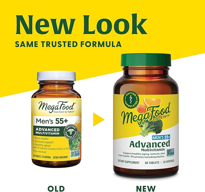 MegaFood Men's 55+ Advanced Multivitamin for Men - Doctor-Formulated -Choline, Vitamin D, Vitamin B12 – Plus Real Food – Brain Health Supplement for Adults & Immune Support - 60 Tabs (30 Servings)