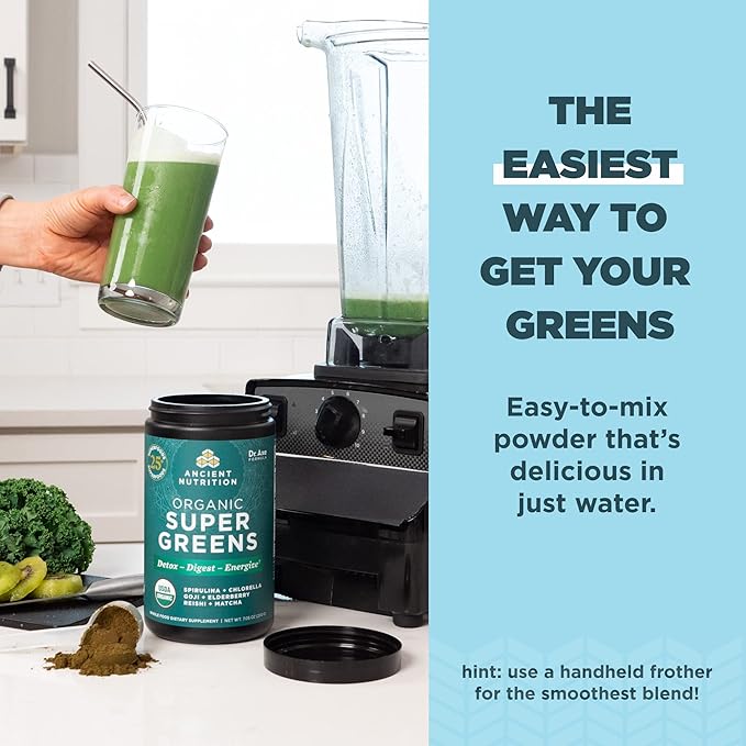 Super Greens Powder by Ancient Nutrition, Organic Superfood Powder with Probiotics Made with Spirulina, Chlorella, Matcha, and Digestive Enzymes, 25 Servings, 7.5oz