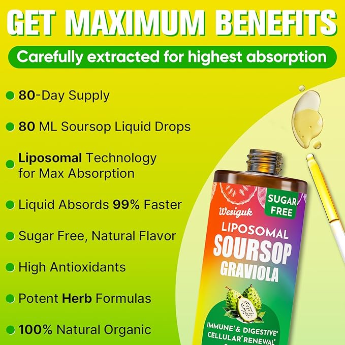 Soursop Bitters Liquid 880MG, Soursop Multivitamin Liquid Drops with Soursop Leaves Herbal Blend, for Cell Support & Regeneration, Immunity, Liver, Gut, Zzz & Antioxidant - 240 Days Supply