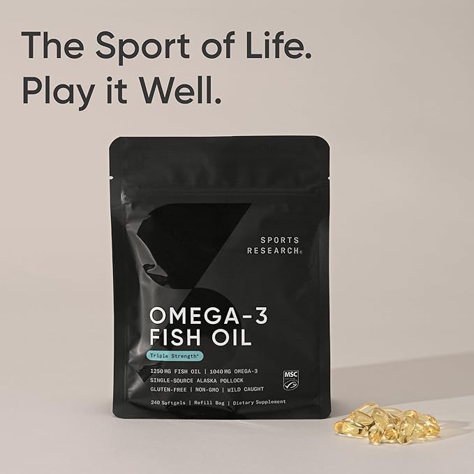 Sports Research Triple Strength Omega 3 Fish Oil - Burpless Fish Oil Supplement w/EPA & DHA Fatty Acids from Wild Alaskan Pollock - Heart, Brain & Immune Support for Men & Women - 1250 mg, 240 ct
