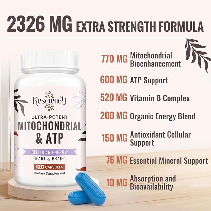 2326 MG Mitochondrial Supplements with ATP, Vitamins, CoQ10 & PQQ, More Effective Than Creatine HMB & Nitric Oxide, Energy, Endurance, Strength, Recovery & Muscle, Organic, 120 Capsules