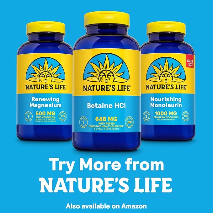 NATURE'S LIFE Betaine HCL with Pepsin - Digestive Health Formula with Digestive Enzymes for Gut Health Support - High Potency Hydrochloric Acid Supplement, 60-Day Guarantee, 250 Servings, 250 Capsules