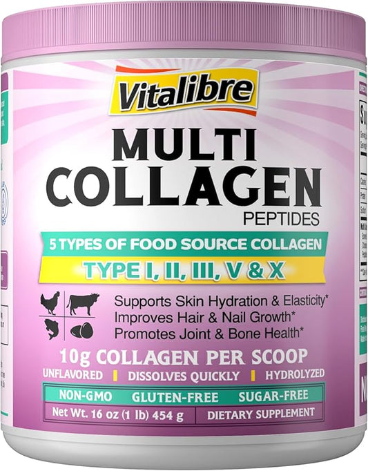 Multi Collagen Peptides Powder Type I II III V X, Hydrolyzed Collagen Protein for Women and Men, Skin, Hair, Nails and Joints, Unflavored, Non-GMO, Keto & GF, Zero Sugar, 45 Servings, 16oz