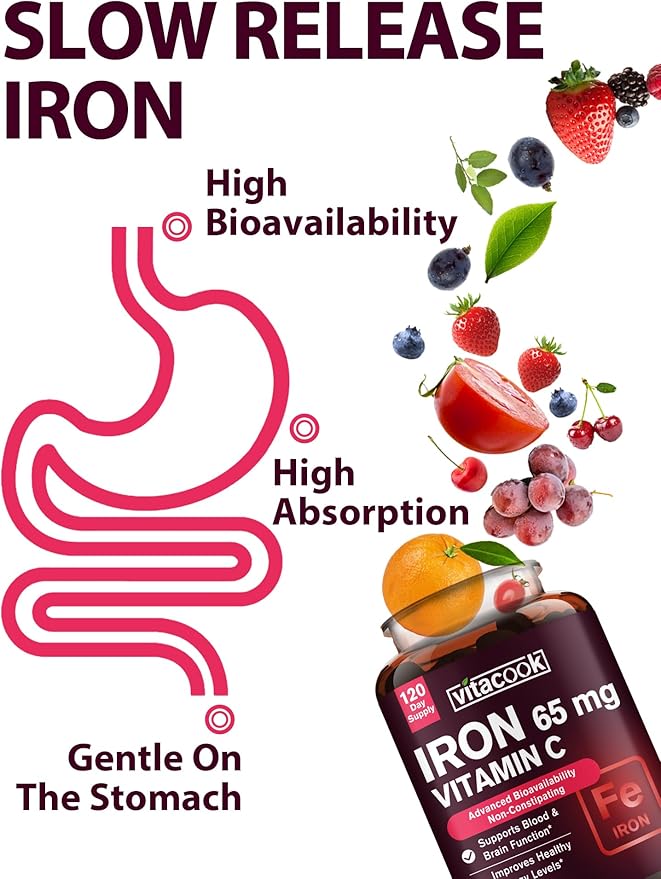 Iron Supplement for Women Men | High Potency Iron 65mg with Vitamin C 250mg | Stomach Friendly Iron Pills for Red Blood Cell & Immune Support | Vegan, Non-GMO & Gluten Free | 120 Iron Tablets