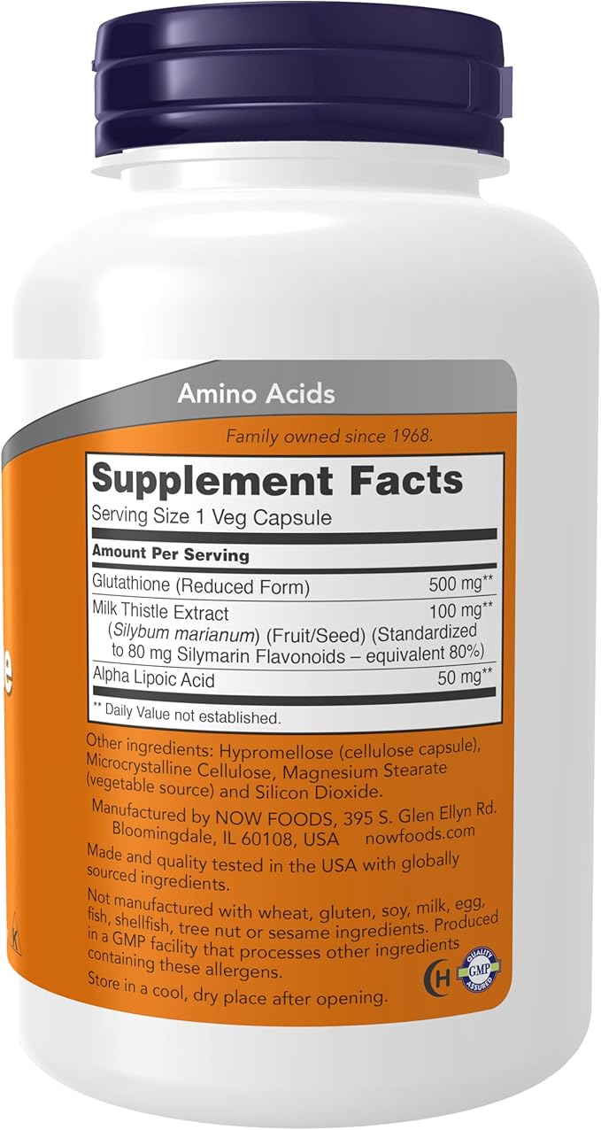 NOW Foods Supplements, Glutathione 500 mg, with Milk Thistle Extract & Alpha Lipoic Acid, Free Radical Neutralizer*, 120 Veg Capsules, Beige