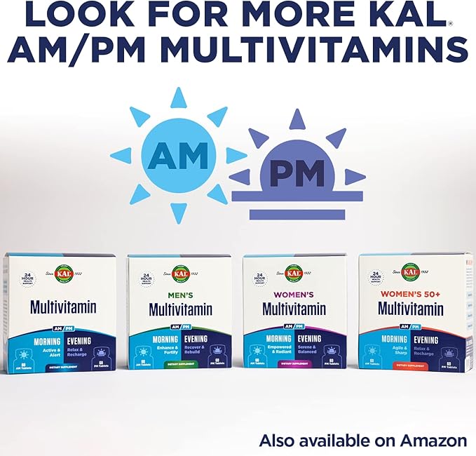 KAL Multivitamin AM/PM, 2-in-1 Womens and Mens Multivitamins Supplements, Turmeric, Tart Cherry, Organic Matcha and Spirulina for Immune,and Cellular Support, Gluten Free, 30 Servings, 120 Tablets