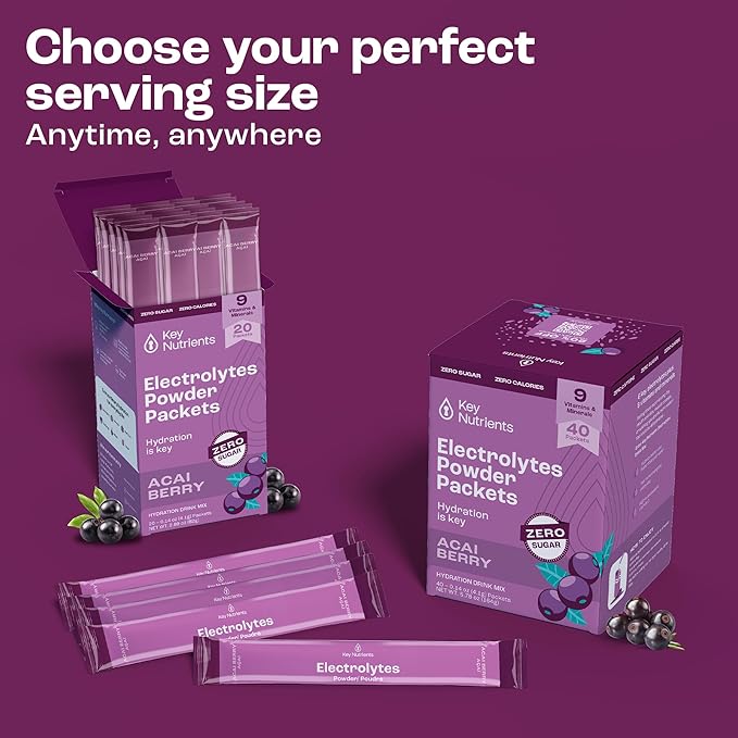 KEY NUTRIENTS Multivitamin Electrolytes Powder Packets - Delicious Acai Berry 20 Pack Hydration Packets - Travel Hydration Powder - No Sugar, No Calories, Gluten Free - Made in USA