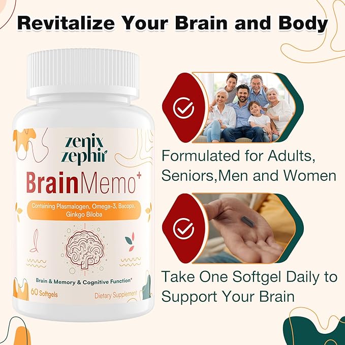 Memory Focus Supplement - Brain Support with Omega-3, Bacopa and Plasmalogens for Enhanced Cognitive Function - Concentration and Memory - Non-GMO, 120 Softgels