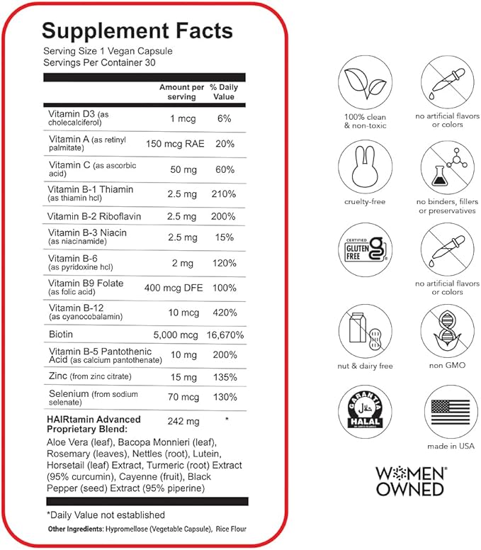 HAIRtamin Vegan Hair Vitamins for Faster Growth | All Natural Biotin Capsules to Support Healthy Hair, Skin and Nails | May Reduce Loss & Thinning | 30 Capsules (1)