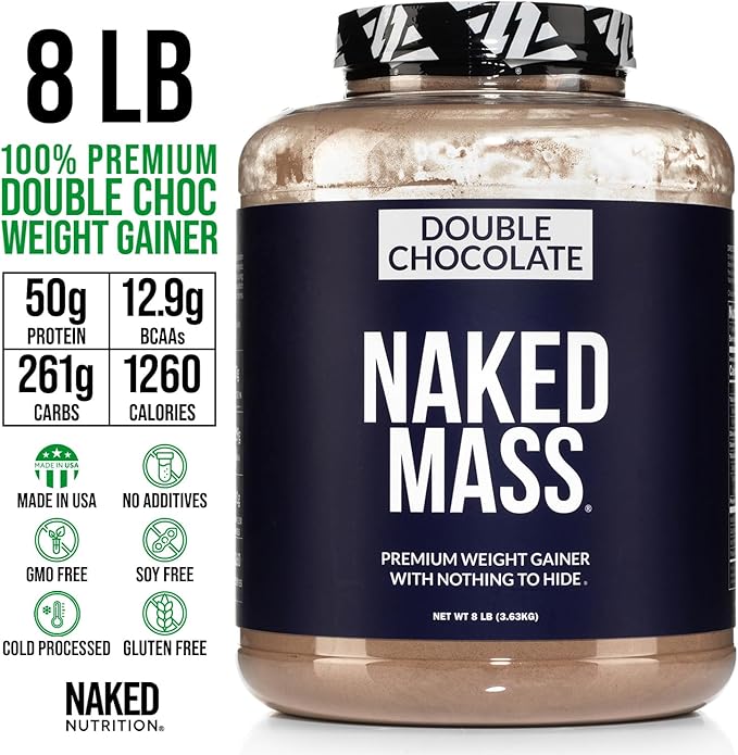 Naked Double Chocolate Mass - 1,260 Calories, 50G Protein, Nothing Artificial. All Natural Weight Gainer Protein Powder - 8Lb Bulk, GMO Free, Gluten Free & Soy Free
