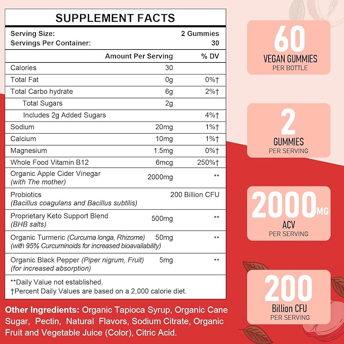 Apple Cider Vinegar Gummies, Max Strength 2000mg ACV Gummies with Probiotics, B12 and Keto, for Digestion, Metabolism, Gut & Immune Health, Gelatin-Free, Vegan & Non-GMO, 240 Gummies