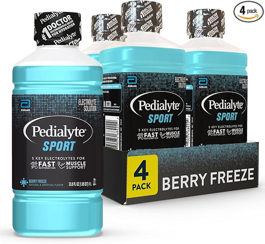 Pedialyte Sport Electrolyte Drink, Fast Hydration with 5 Key Electrolytes for Muscle Support Before, During, & After Exercise, Berry Freeze, 33.8 Fl Oz (Pack of 4)