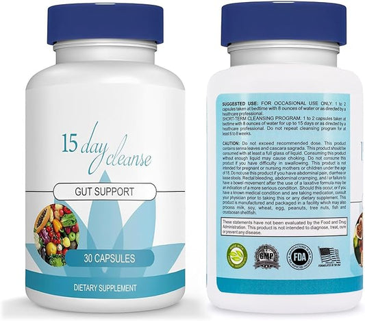 15 Day Gut Cleanse - Gut and Colon Support, 15 Day Advanced Bowel Cleanse with Senna, Cascara Sagrada & Psyllium Husk (30 Capsules)