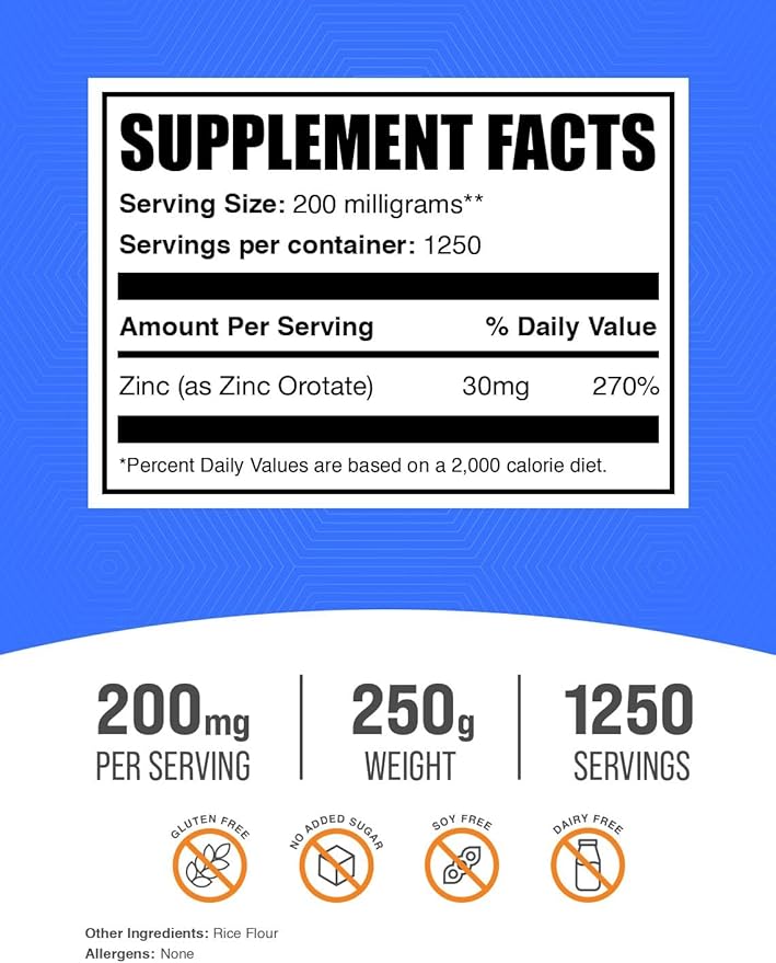 BulkSupplements.com Zinc Orotate Powder - Zinc Supplements, Zinc 30mg - Zinc Minerals Supplement, for Immune Support - Gluten Free, 200mg per Serving, 250g (8.8 oz) (Pack of 1)