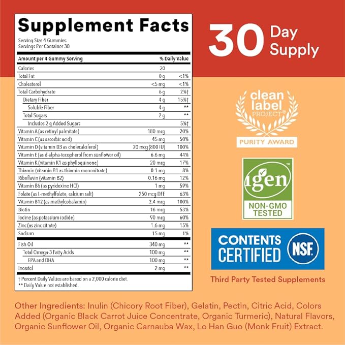 SmartyPants Kids Multivitamin Gummies and Fiber Supplement: Omega 3 Fish Oil (EPA/DHA), Vitamin D3, C, Vitamin B12, B6, Vitamin A, Zinc, Fiber Gummies, Three Fruit Flavors, 120 Count (30 Day Supply)