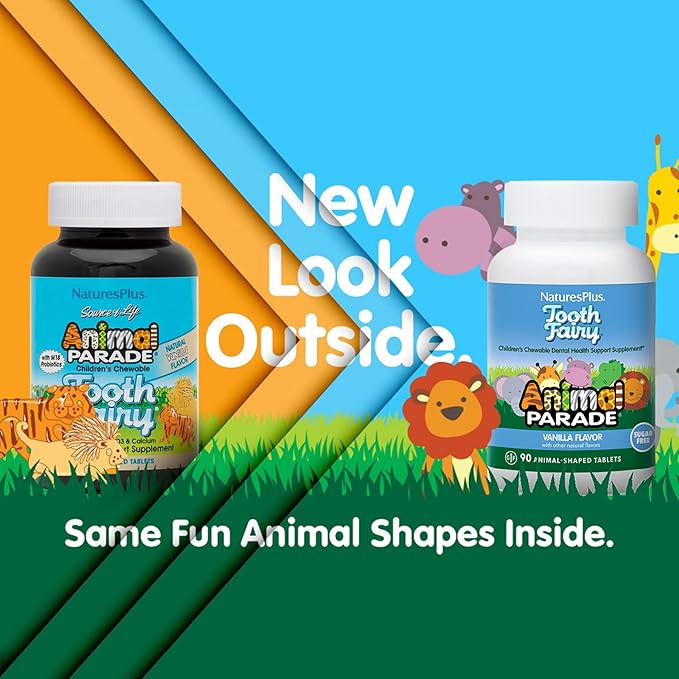 Natures Plus Animal Parade Tooth Fairy Children's Chewables - Natural Vanilla Flavor - 90 Animal-Shaped Tablets - Dental Health Supplement - Vegetarian, Gluten Free - 45 Servings