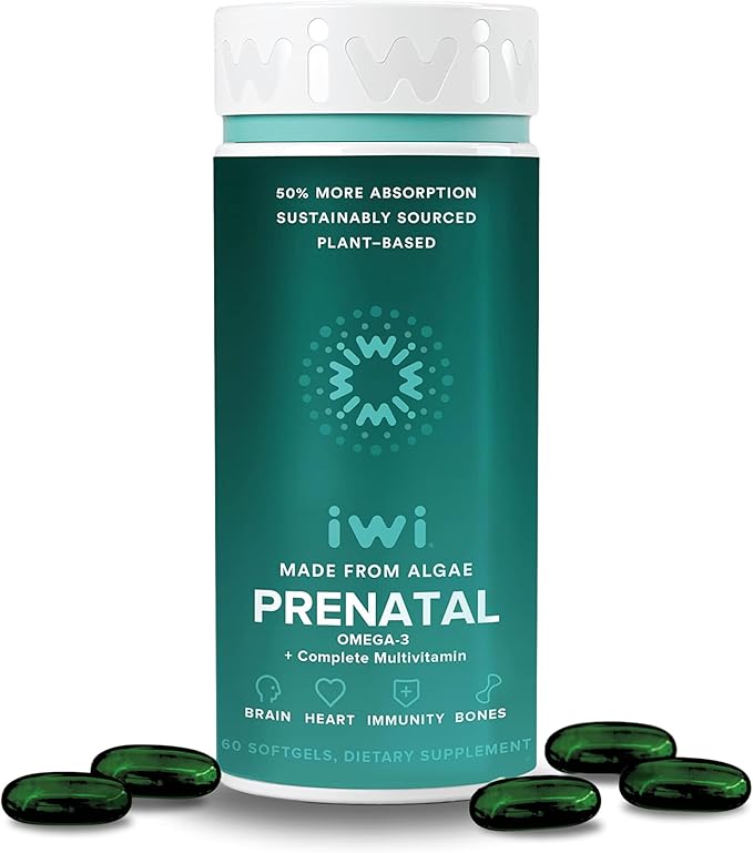 Iwi Life Prenatal Multivitamin, 60 Softgels (30 Servings), Vegan, Plant-Based Algae Omega 3 with EPA + DHA, Folate, Iron, Vitamin A, B12, C, D3, Calcium, Pregnancy Dietary Supplement for Mom & Baby