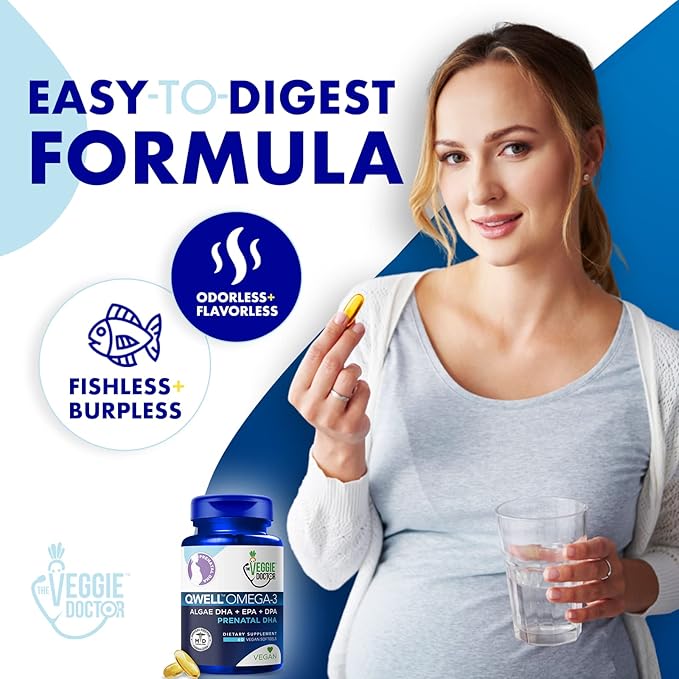 Vegan Prenatal Vitamins with DHA (60 Count) Omega-3 – Qwell Better Than Fish Oil, Brain Function – 820 Mg Algae DHA & EPA, Vegan Prenatal Vitamins with Vitamin E, Carrageenan-Free