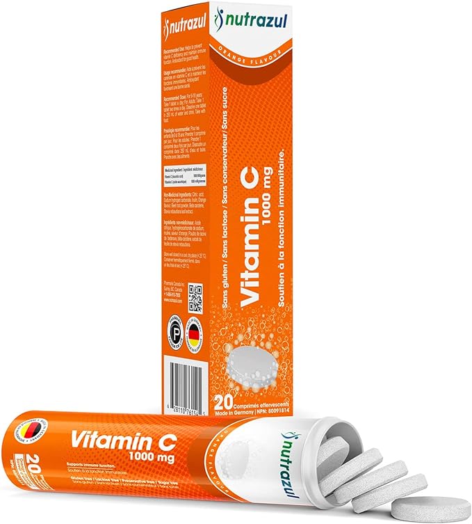nutrazul Vitamin C 1000mg Effervescent Tablets- Orange 20’s (Pack of 3) | Gluten Free, Lactose Free, Sugar Free & Preservative Free