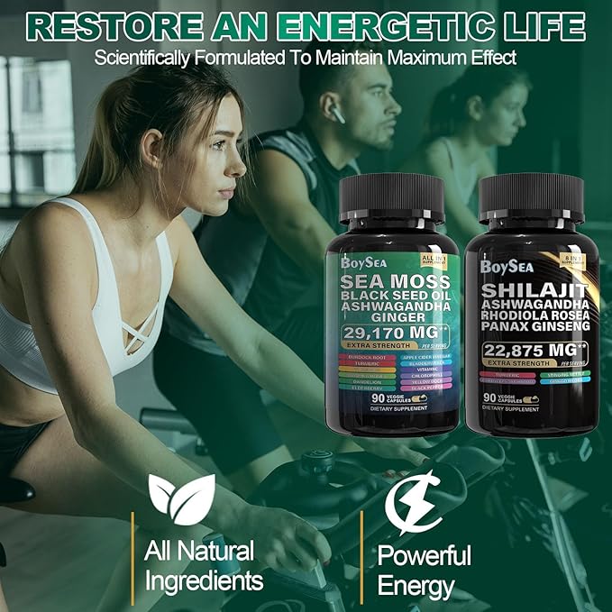 Boysea.Sea Moss and shilajit Bundle - 90 Count - Sea Moss 7000mg, Black Seed Oil 4000mg, Ashwagandha 2000mg, Ginger & Shilajit 9000mg, Rhodiola Rosea 1000mg, All in 1 Supplements (2 Pack)