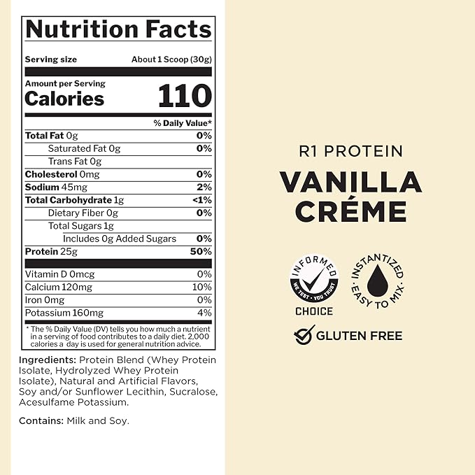 Rule One Proteins R1 Protein - 25g Fast-Acting, Super-Pure 100% Isolate and Hydrolysate Protein Powder with 6g BCAAs (10 Pounds*, Vanilla Créme)