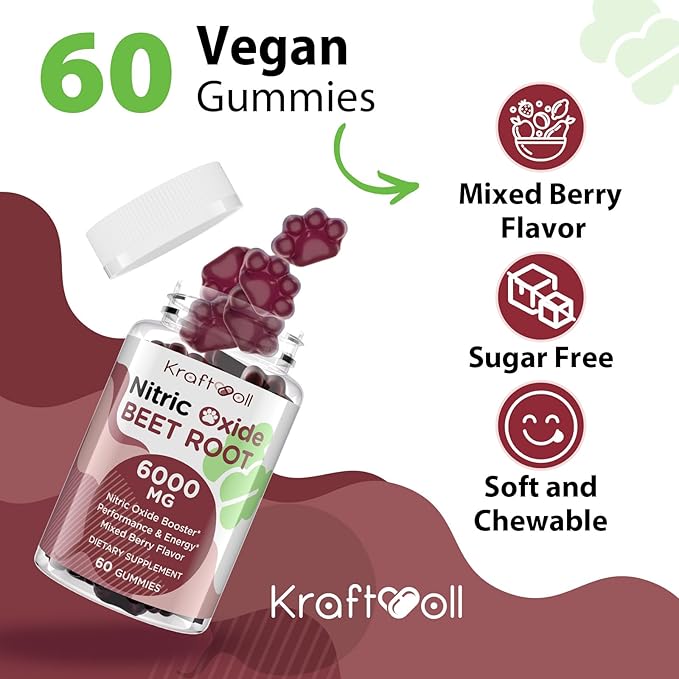 Nitric Oxide Beet Root Gummies 6000MG Supplements, Grapeseed Powder, Pomegranate Powder, Vitamin C and B12 - Beet Chewables Mixed Berry Flavor - 60 Gummies (2 Bottle)