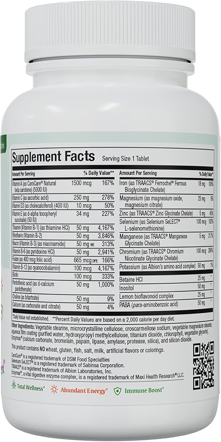 Maxi Health Complete Once Daily Vitamins for Men & Women - Multivitamin for Women & Men with Iron Vitamin A B1 B2 B3 B6 B12 C D3 E Zinc (90 Tablets)