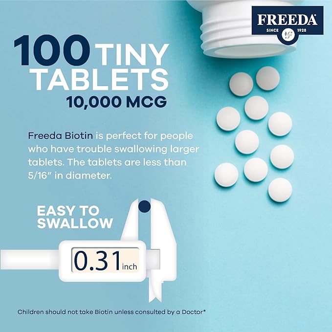 Freeda Biotin 10000 mcg - Kosher Biotin 10000mcg Hair Skin and Nails Vitamins for Hair Growth - Biotin Pills Hair Growth Vitamins B7 - Superior Biotin Supplement Hair Vitamins for Women & Men (100 Ct)