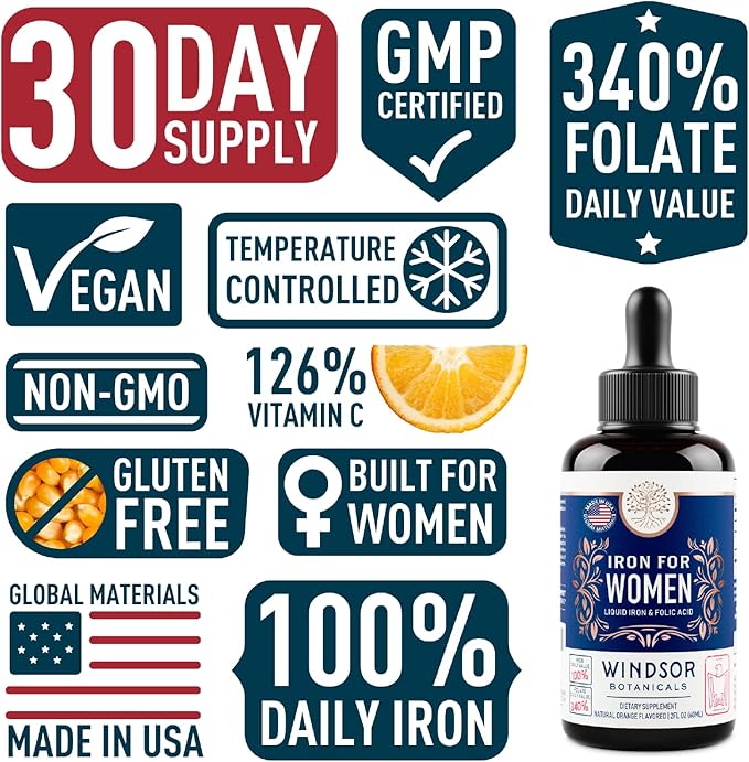 Liquid Iron Supplement for Women 2-Pack - Folic Acid, Vitamin C, Vegan Liquid Iron Supplements for Anemia, Menstruation, Pregnancy Support - Iron Liquid Drops Orange Flavor - 2x2oz