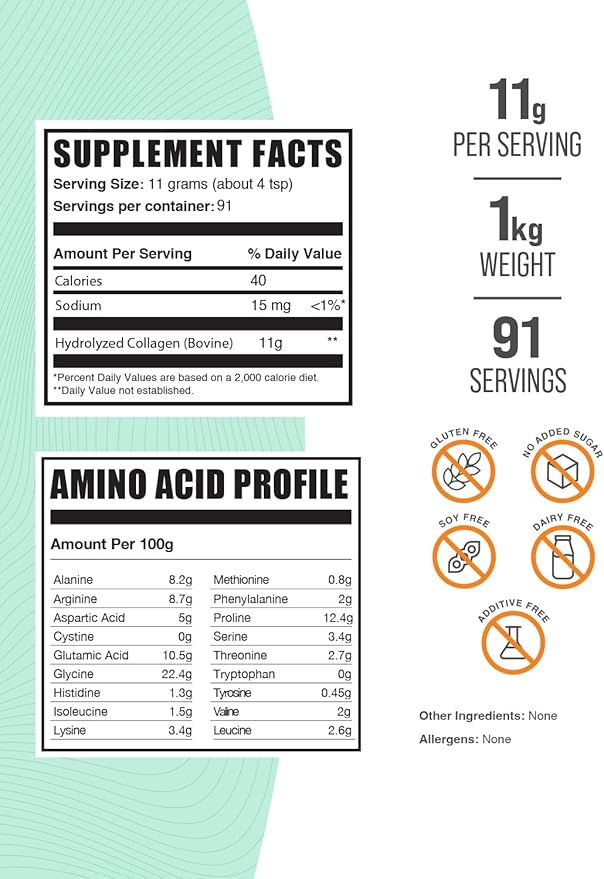 BulkSupplements.com Collagen Peptides Powder - Collagen Supplement, Bovine Collagen Powder - Powdered Collagen, Hydrolyzed & Gluten Free, 11g per Serving, 1kg (2.2 lbs) (Pack of 1)