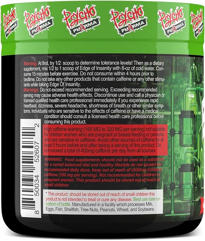 Psycho Pharma Strongest High Stim Preworkout Powder - Edge of Insanity - Most Intense Pre Workout Supplement for Pumps, Strength, Energy and Feel Good Focus. Rivals Famous PWOs of The Past