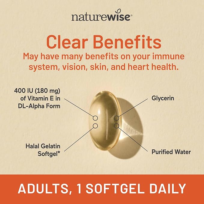 NatureWise Vitamin E 400 IU Softgels (180mg DL-Alpha) - Dairy, Gluten & Soy Free - Antioxidant-Rich Dietary Supplement for Skin, Heart, and Immune Health Support - 4-Month Supply, 120 Count