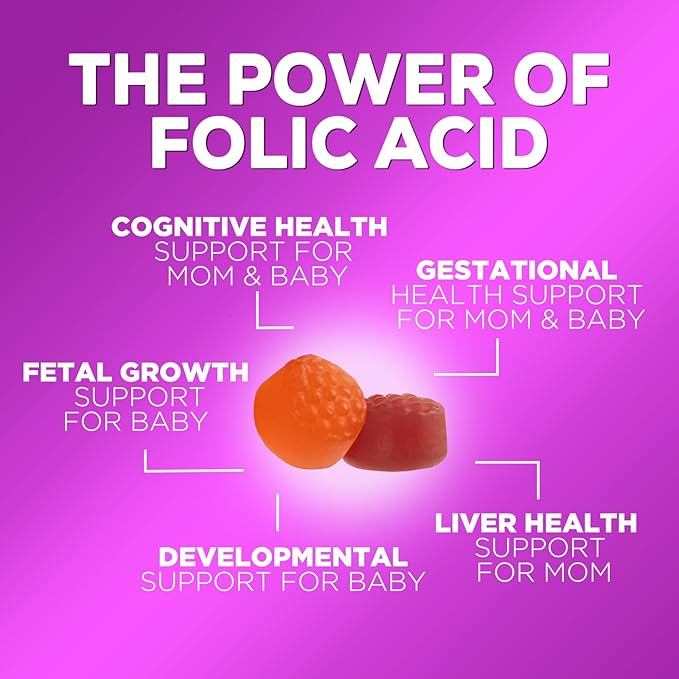 Folic Acid Gummies for Women 785 mcg, Essential Prenatal Vitamins for Mom & Baby, Vegan Folic Supplement Gummy, Vitamin B9 Chewable Extra Strength Folate, Before During After Pregnancy - 120 Gummies