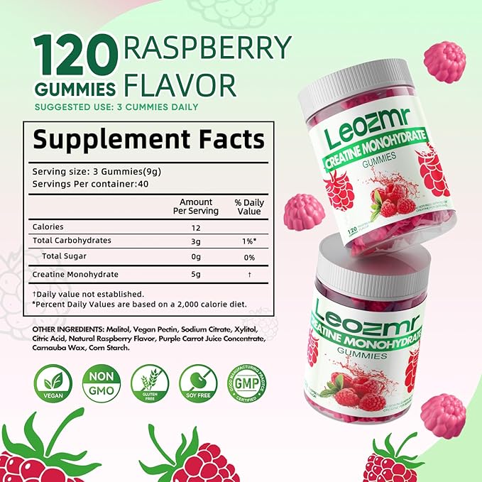 Creatine Monohydrate Gummies for Men & Women-5g of Creatine Monohydrate per Serving - Sugar Free,Vegan, Raspberry Flavor, 120 Count