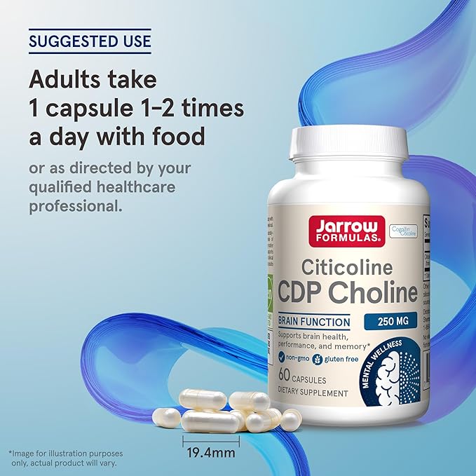 Jarrow Formulas CDP Choline Capsules, 250 mg Dietary Supplement for Memory and Brain Health, 60 Veggie Capsules, 60 Day Supply(Pack of 12)