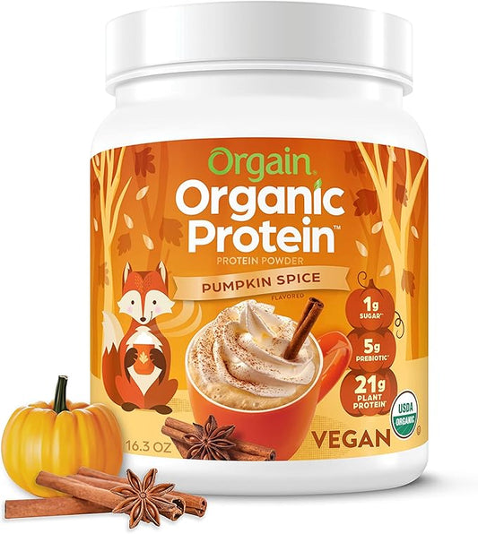 Orgain Organic Vegan Protein Powder, Pumpkin Spice Seasonal Flavor - 21g of Plant Protein, 5g Prebiotic Fiber, No Lactose Ingredients, No Added Sugar, Non-GMO, For Shakes & Smoothies, 1.02 lb