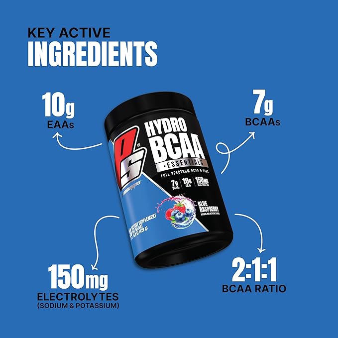 PROSUPPS HydroBCAA Essentials BCAA Powder - Pre Workout and Post Workout Drink with EAAs Amino Acid Powder for Muscle Recovery, Energy, Fat Loss and Hydration (Blue Raspberry, 30 Servings)
