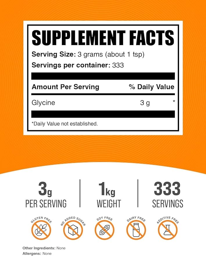 BulkSupplements.com Glycine Powder - Glycine Supplements, Glycine 3000mg - Glycine Amino Acid Supplement, Pure & Gluten Free - 3000mg per Serving, 1kg (2.2 lbs) (Pack of 1)