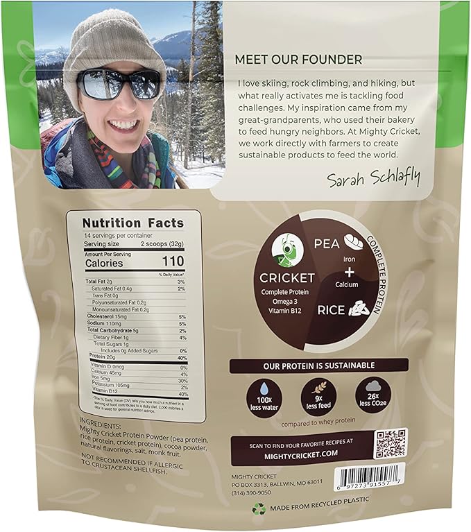 Mighty Cricket Protein Powder. 20g Clean Prebiotic Cricket Protein. No Sugar, Low Carbs, Gluten & Dairy Free. Keto & Paleo, 100% Natural Ingredients. Chocolate, 1 lb (Pack of 1)