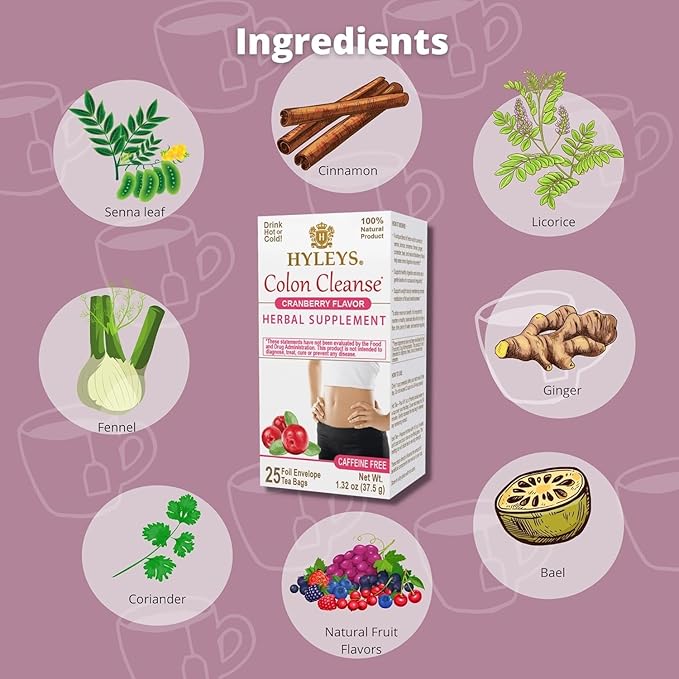 Hyleys Colon Cleanse Tea Cranberry Flavor - 25 Tea Bags (1 Pack)