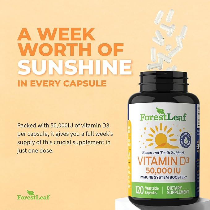 ForestLeaf Vitamin D3 50000 IU - Bone Health and Immune Support - Small Easy to Swallow Capsules - Non-GMO Gluten Free VIT D - VIT D3 Vitamin D Supplements for Women and Men, 120 Count