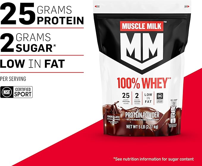 Muscle Milk 100% Whey Protein Powder, Chocolate, 5 Pound, 66 Servings, 25g Protein, 2g Sugar, Low in Fat, NSF Certified for Sport, Energizing Snack, Workout Recovery, Packaging May Vary